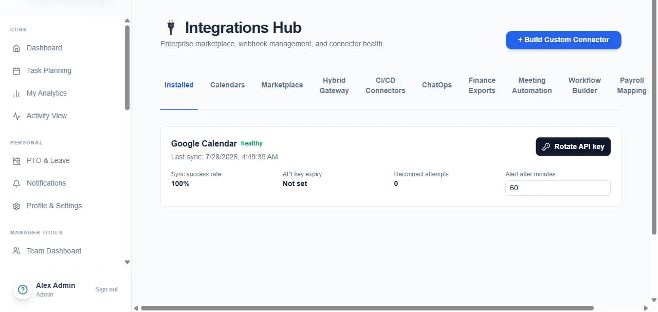 Chronum integrations page listing installed connectors and their status